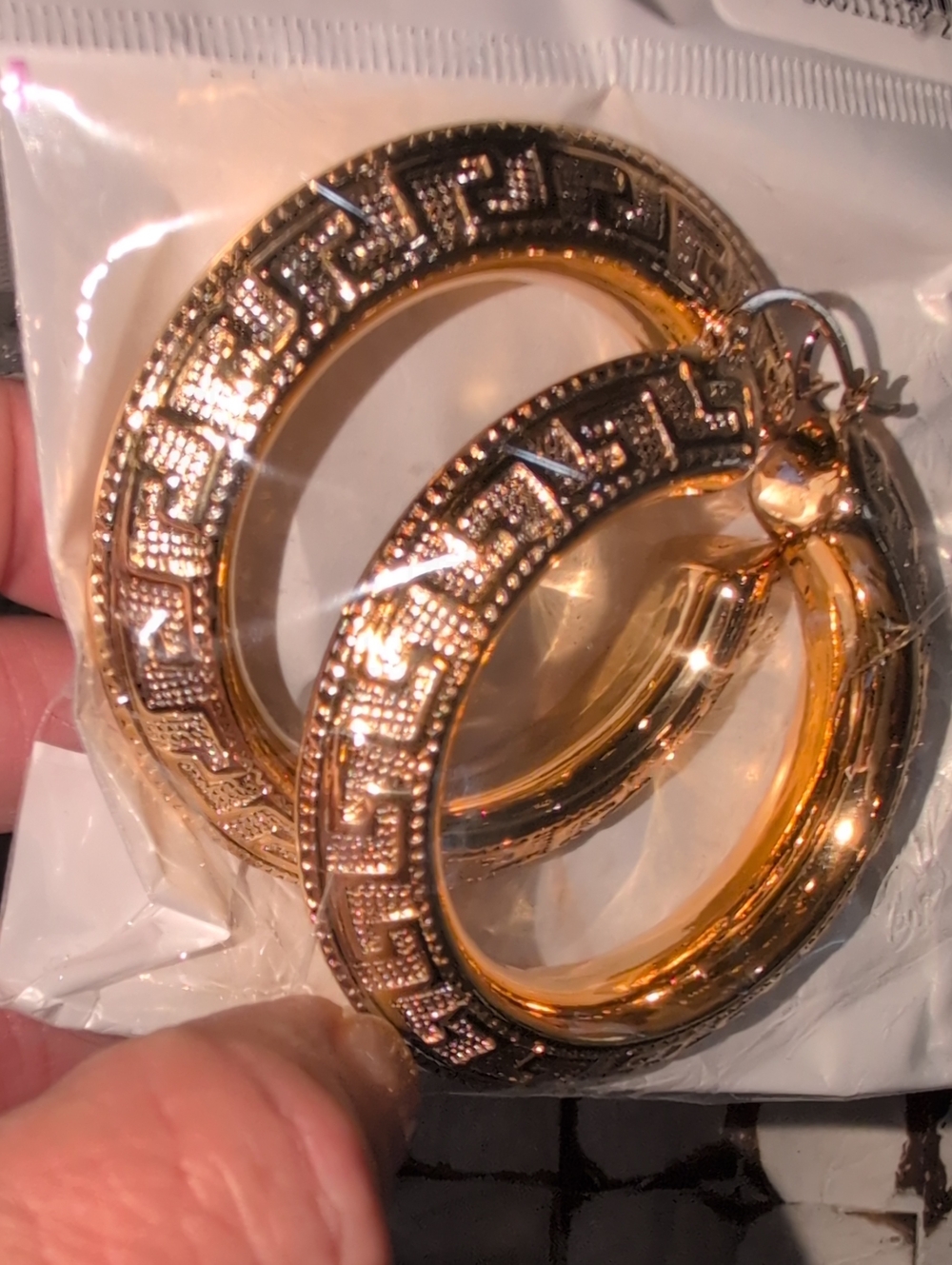 Xuping Gold-Tone Greek Key Motif Hoop Pierced Earrings